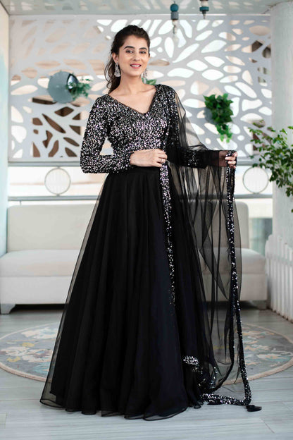 Women's Black And Silver Lehenga