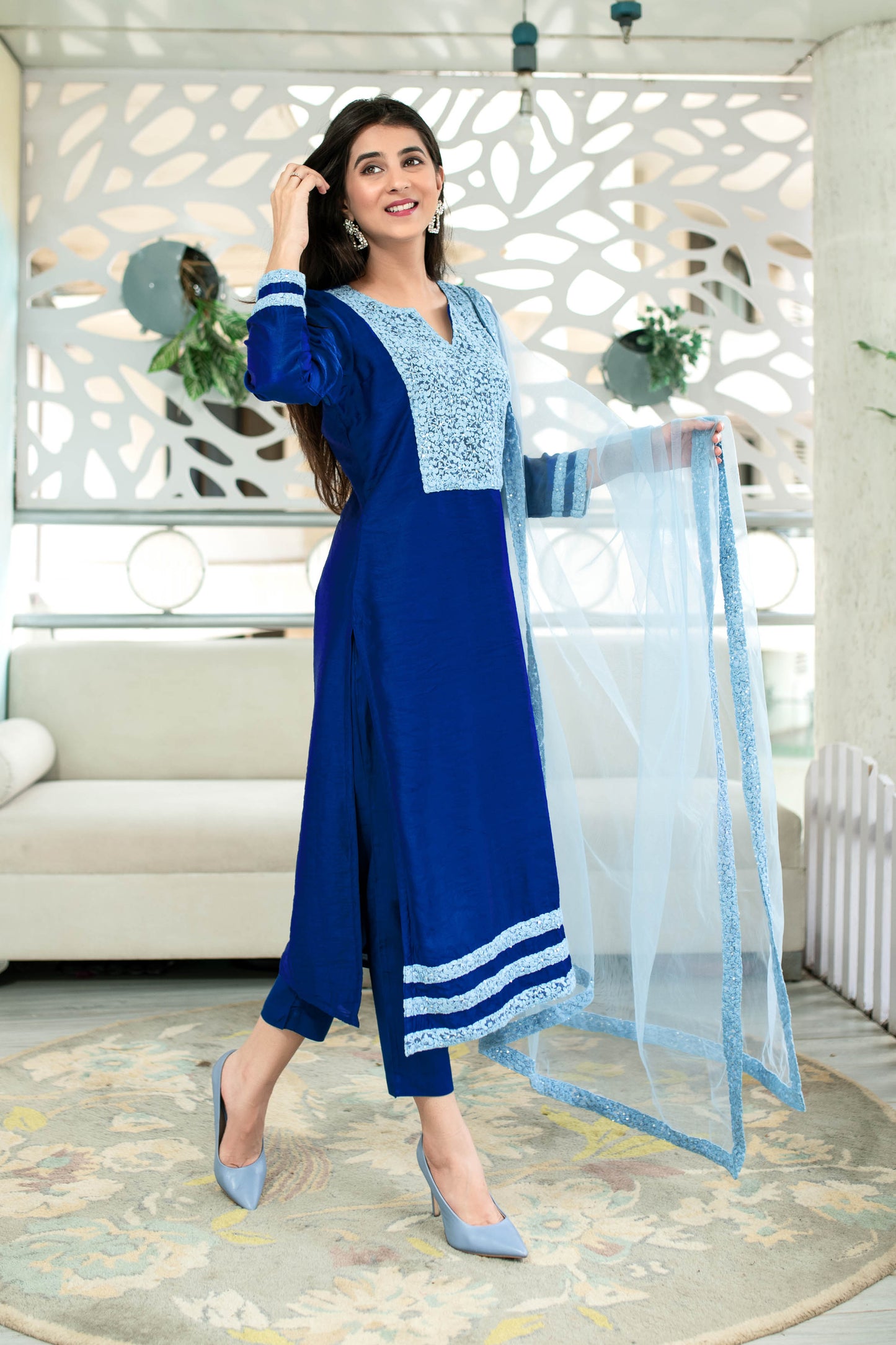 Women's Shades Of Blue Kurta Set (3pc Set)