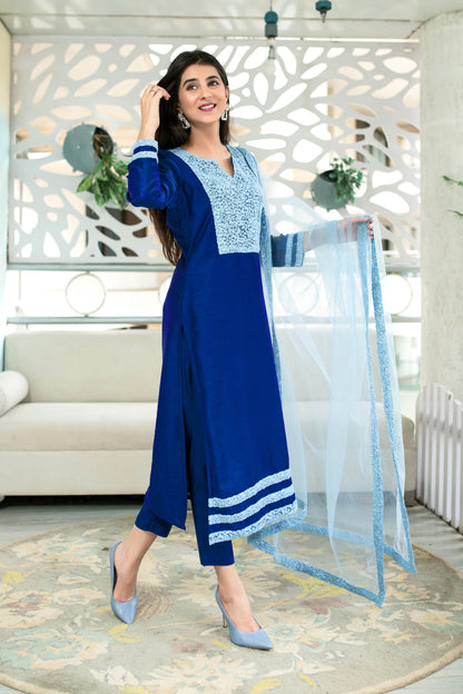 Women's Shades Of Blue Kurta Set (3pc Set)