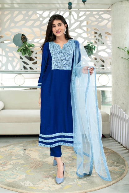 Women's Shades Of Blue Kurta Set (3pc Set)