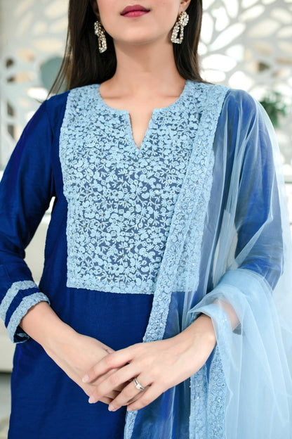 Women's Shades Of Blue Kurta Set (3pc Set)