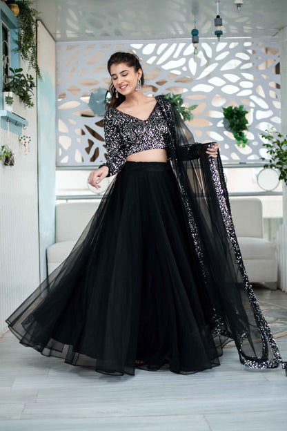 Women's Black And Silver Lehenga