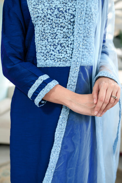 Women's Shades Of Blue Kurta Set (3pc Set)