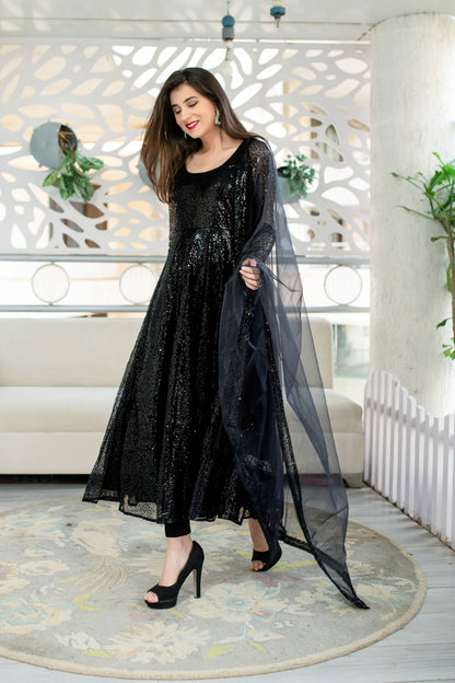Women's Black Sequin Anarkali Set (3pcs set)