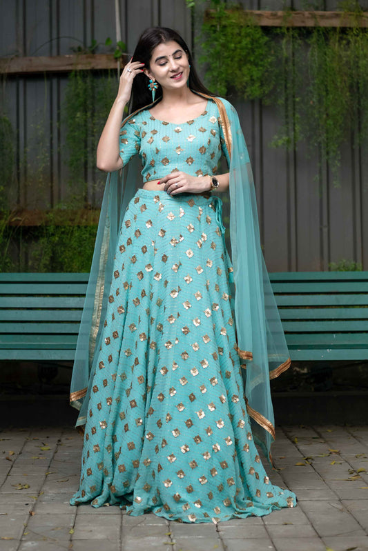 Women's Ice Blue Sequin And Zari Work Lehenga Set (3pcs set)