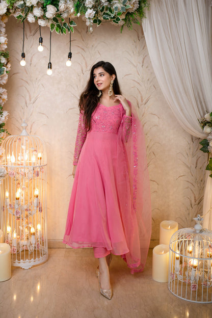 Women's Baby Pink Anarkali (3 Pc Set)