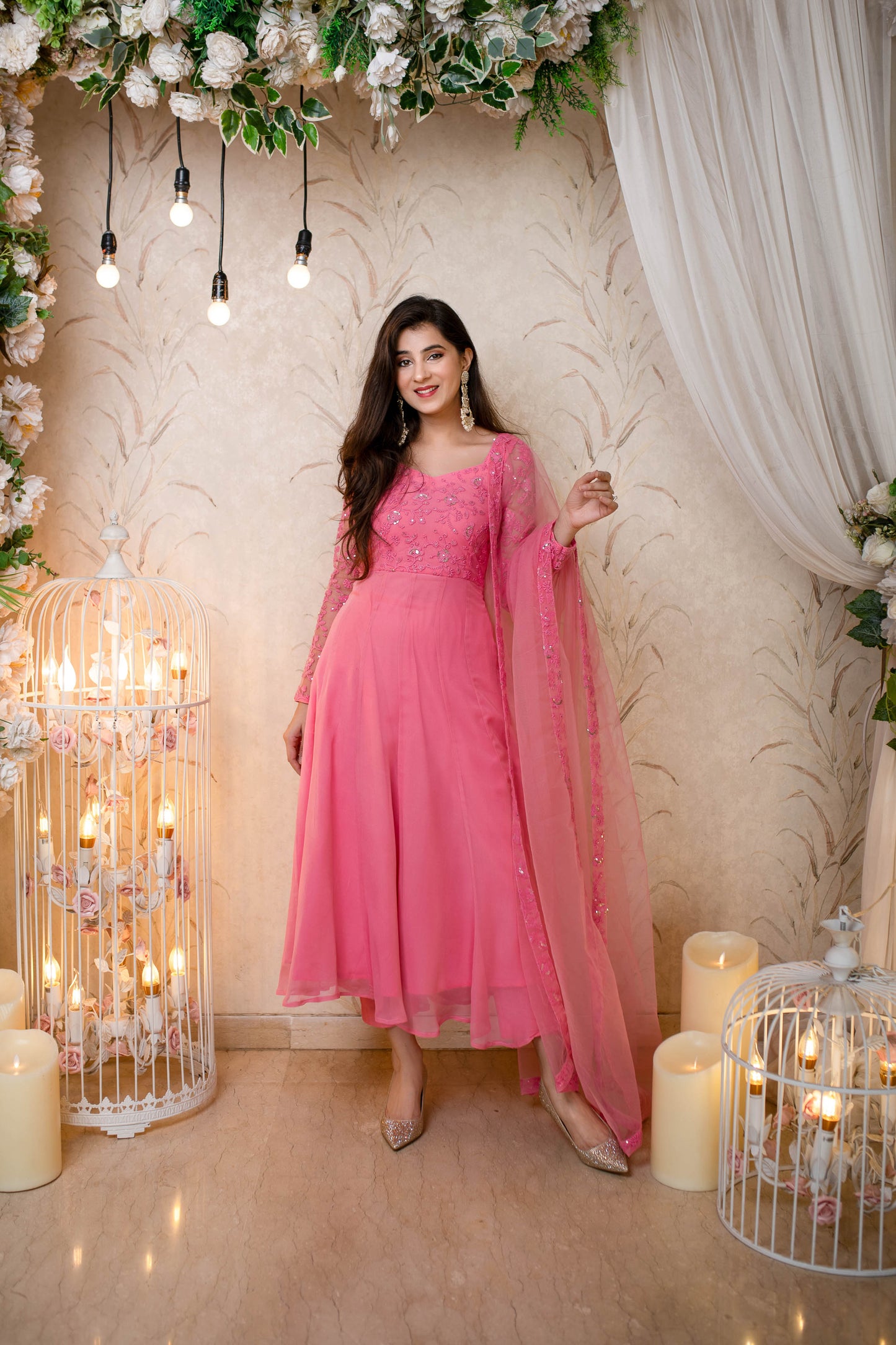 Women's Baby Pink Anarkali (3 Pc Set)