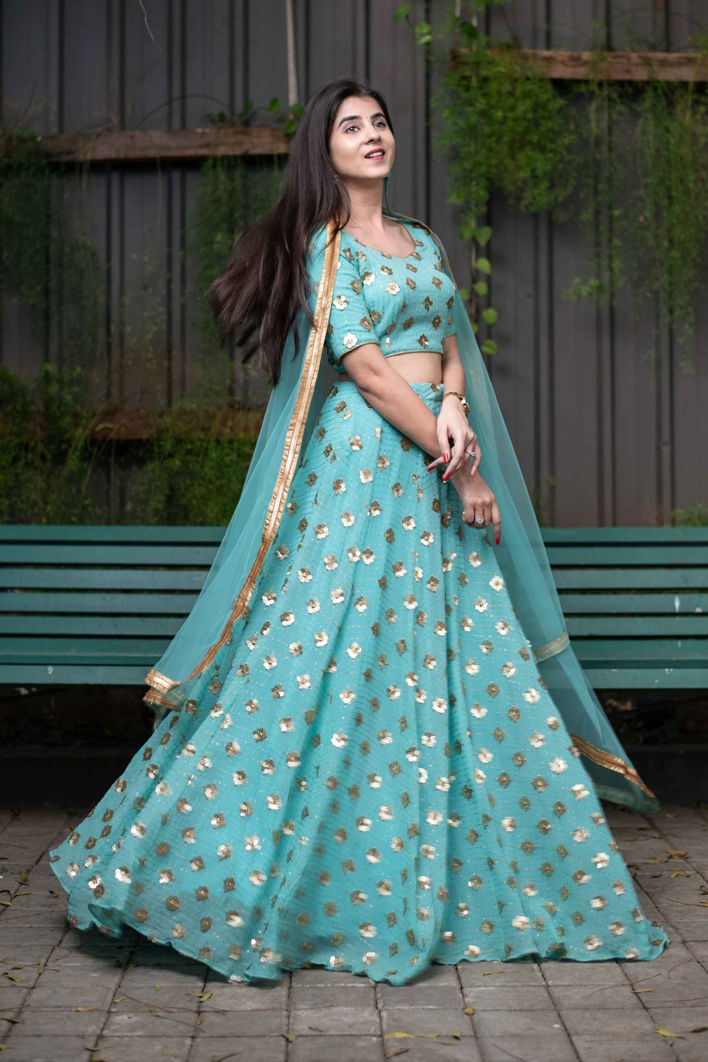 Women's Ice Blue Sequin And Zari Work Lehenga Set (3pcs set)