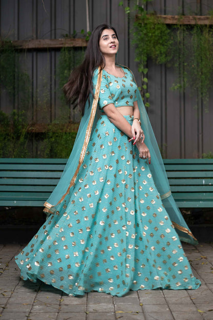 Women's Ice Blue Sequin And Zari Work Lehenga Set (3pcs set)