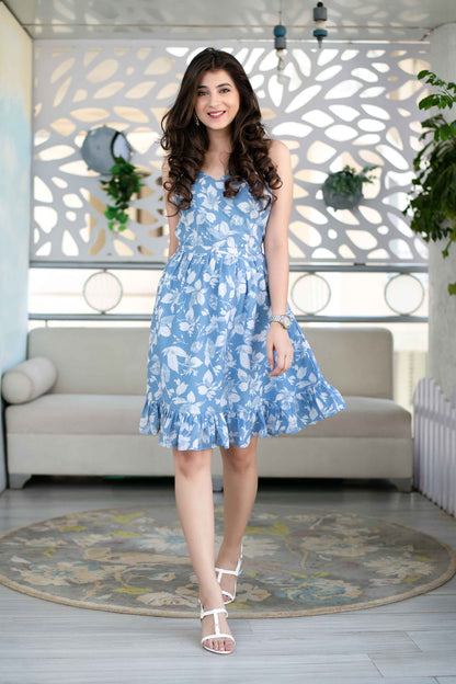 Women's Blue Ruffle Dress With Lace Wo