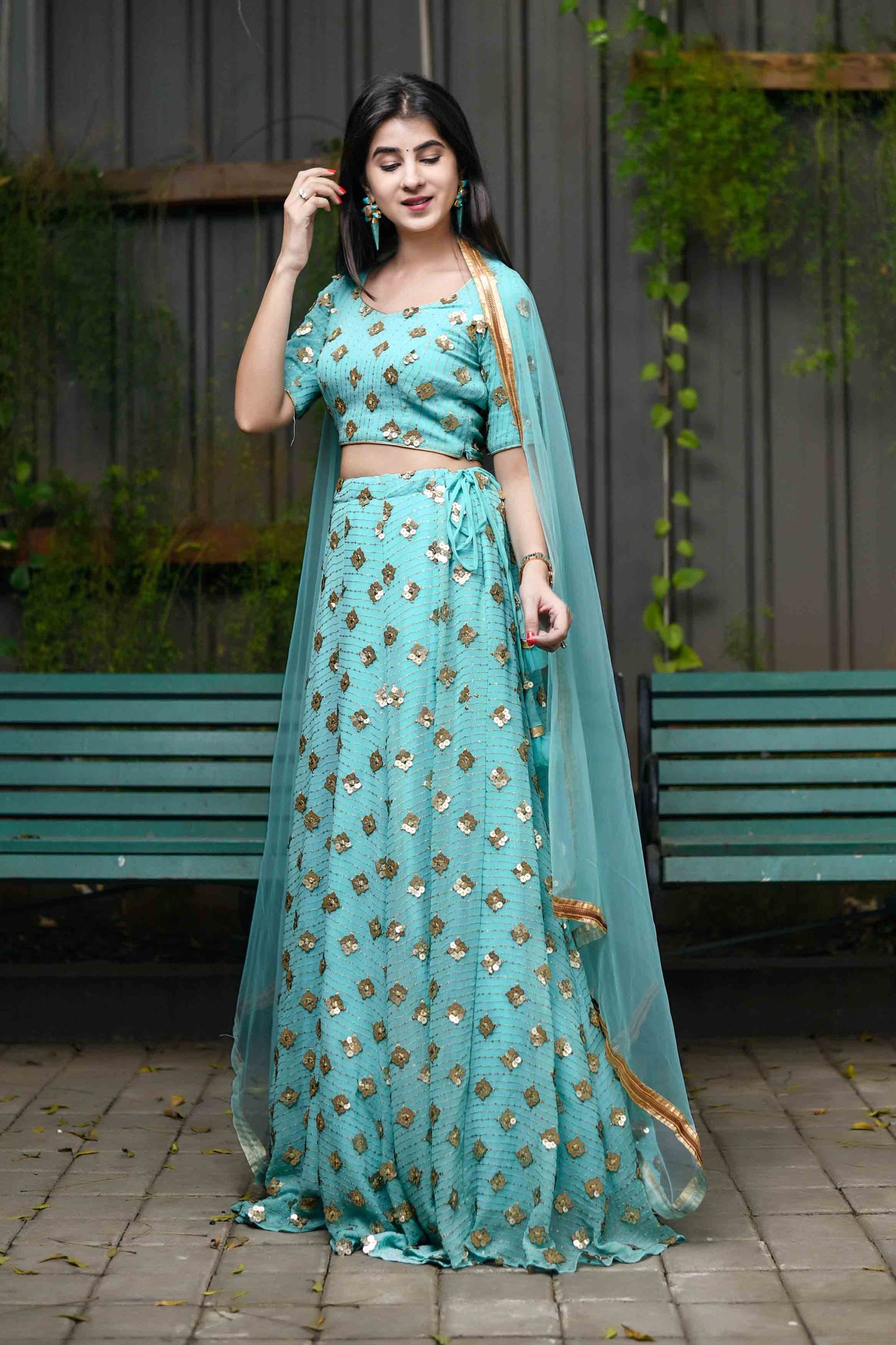 Women's Ice Blue Sequin And Zari Work Lehenga Set (3pcs set)