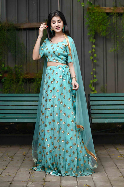 Women's Ice Blue Sequin And Zari Work Lehenga Set (3pcs set)