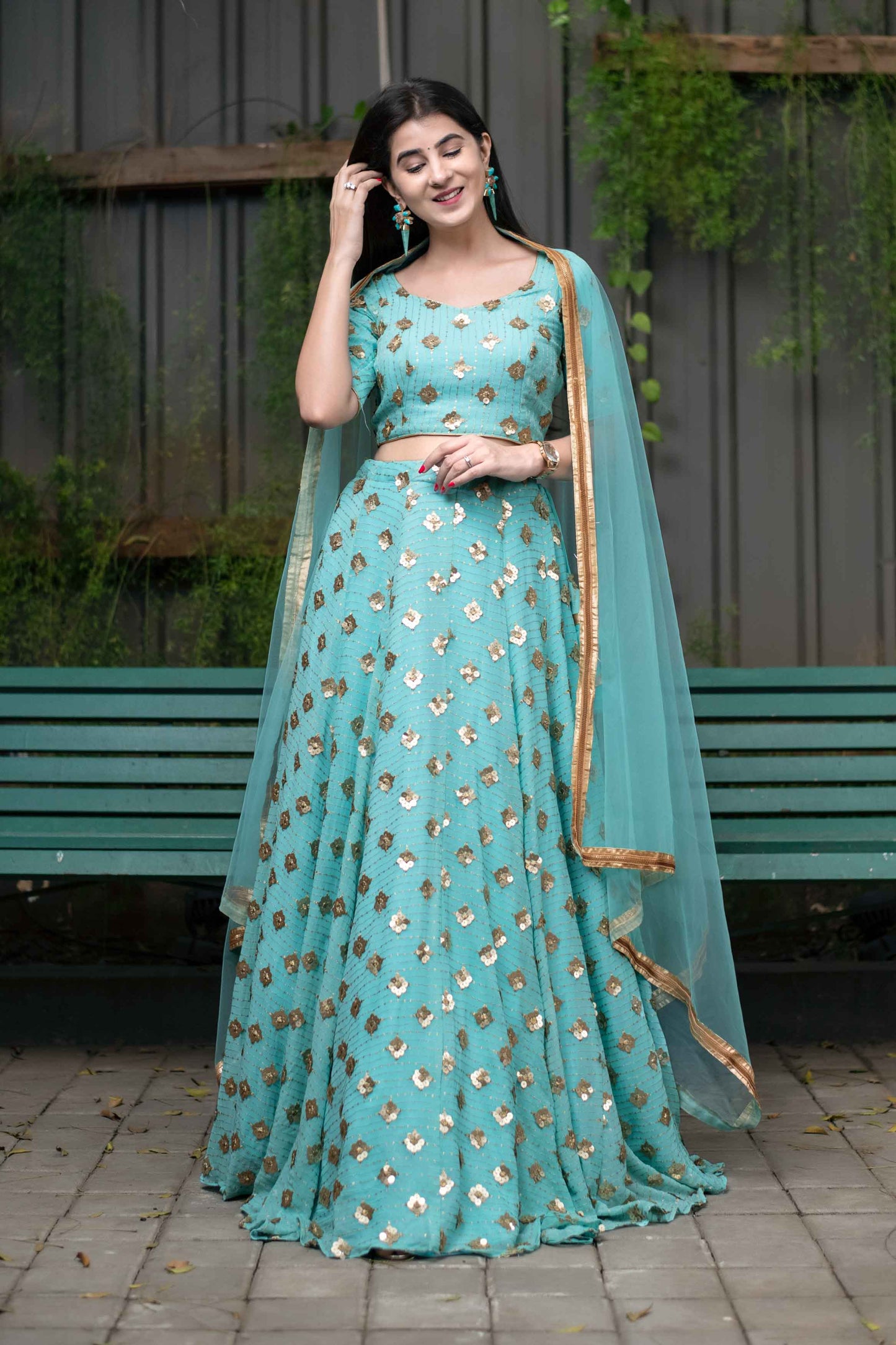 Women's Ice Blue Sequin And Zari Work Lehenga Set (3pcs set)
