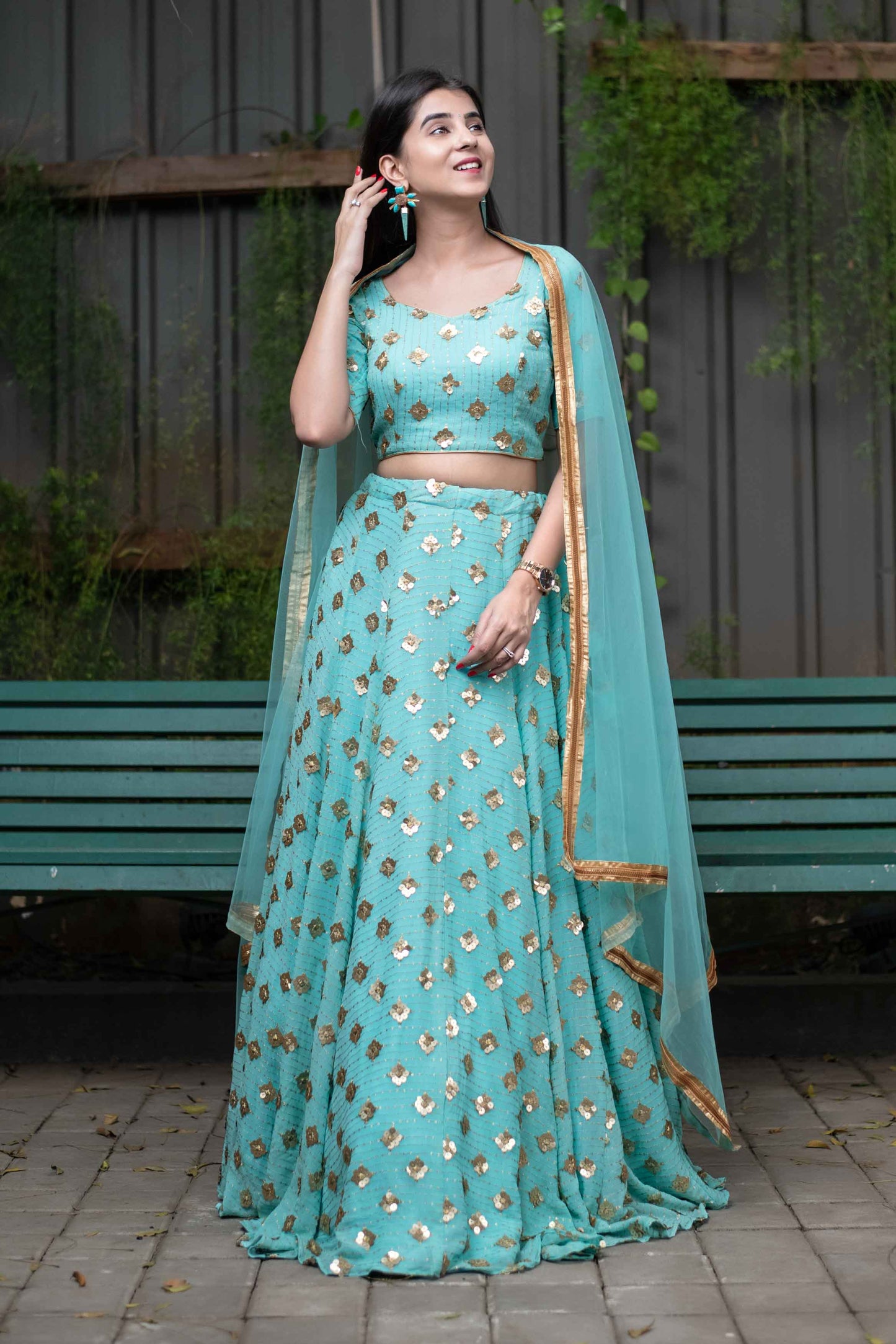 Women's Ice Blue Sequin And Zari Work Lehenga Set (3pcs set)