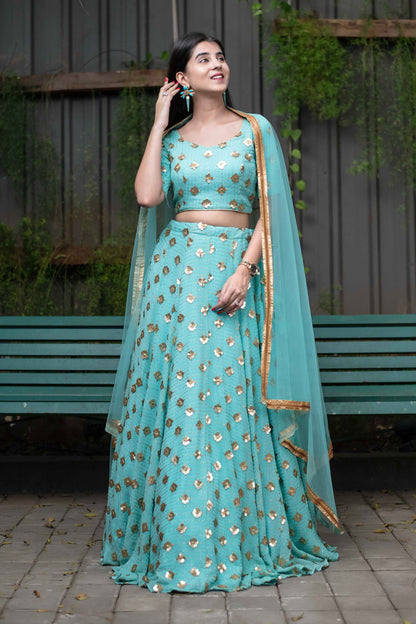 Women's Ice Blue Sequin And Zari Work Lehenga Set (3pcs set)