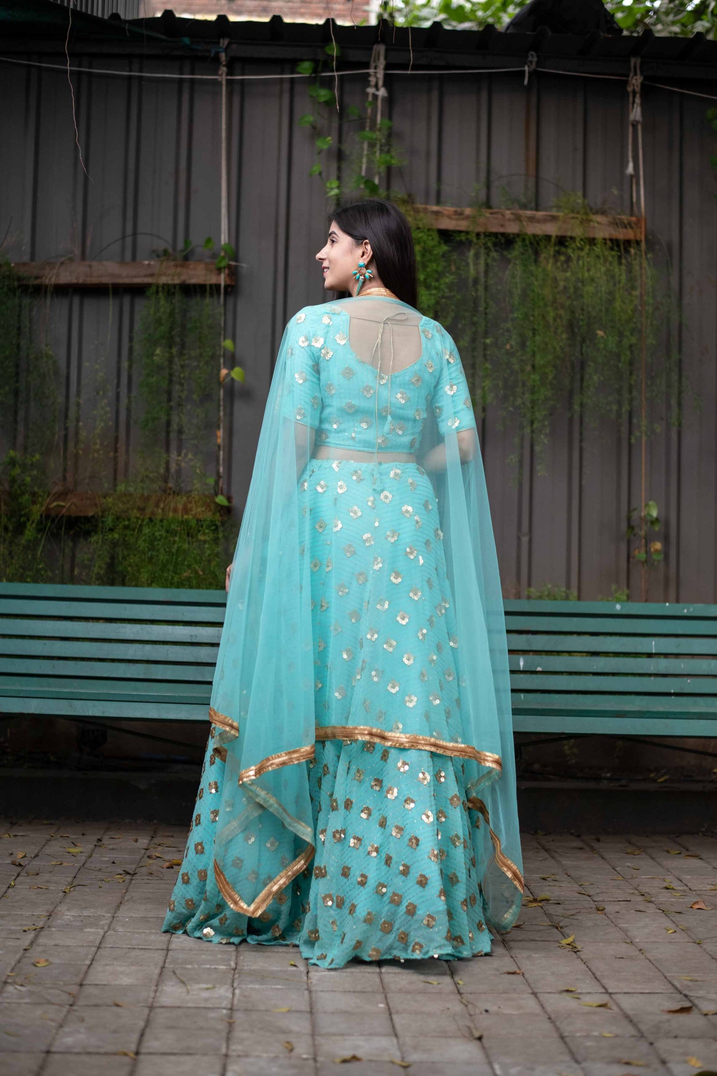 Women's Ice Blue Sequin And Zari Work Lehenga Set (3pcs set)
