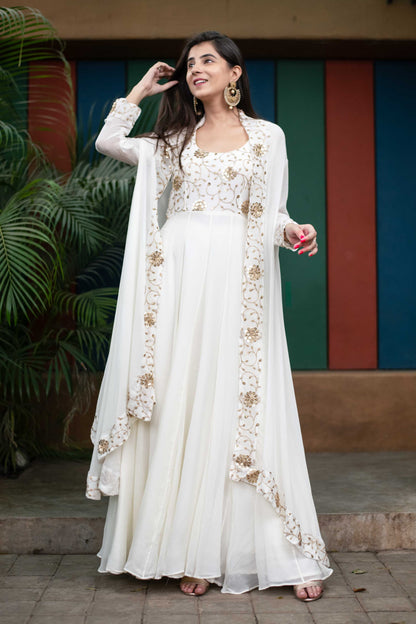 Women's Off White Jacket Gown With Sequin And Zari Work (2pcs Set)