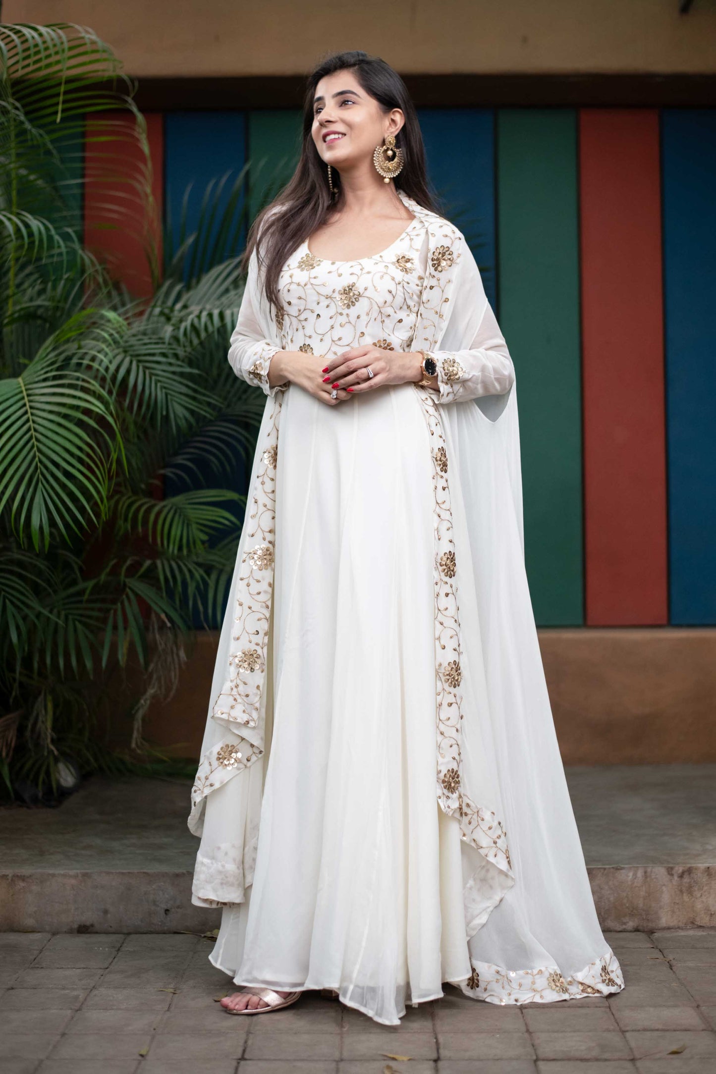 Women's Off White Jacket Gown With Sequin And Zari Work (2pcs Set)
