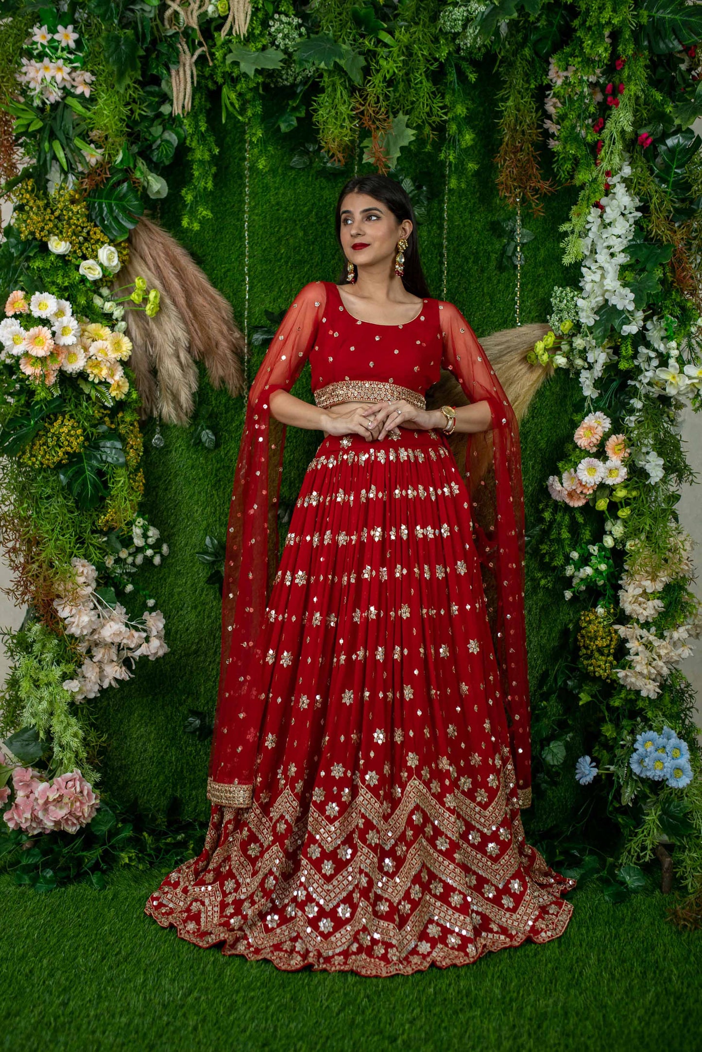 Women's Red And Gold Lehenga Cape Sleeves