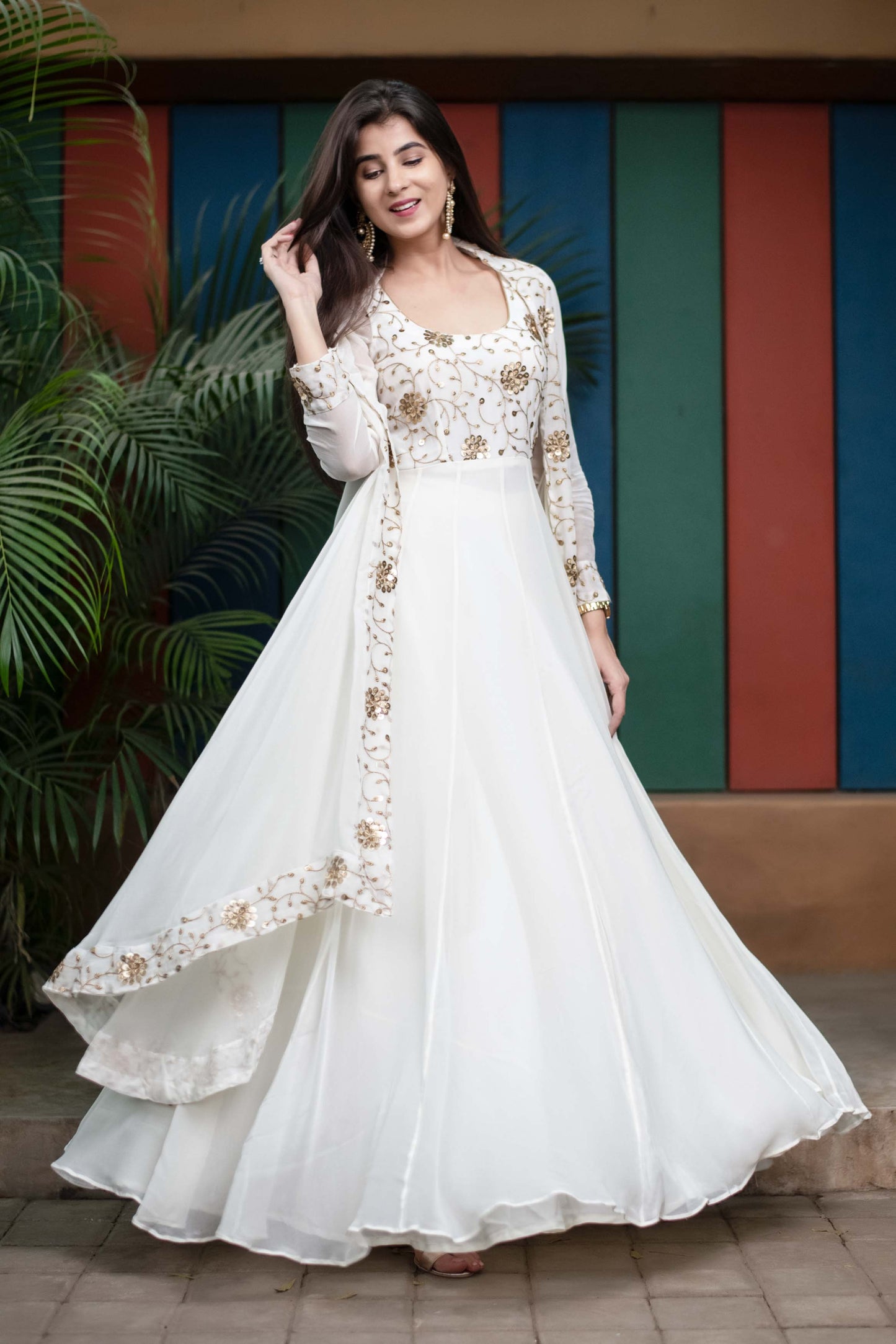 Women's Off White Jacket Gown With Sequin And Zari Work (2pcs Set)