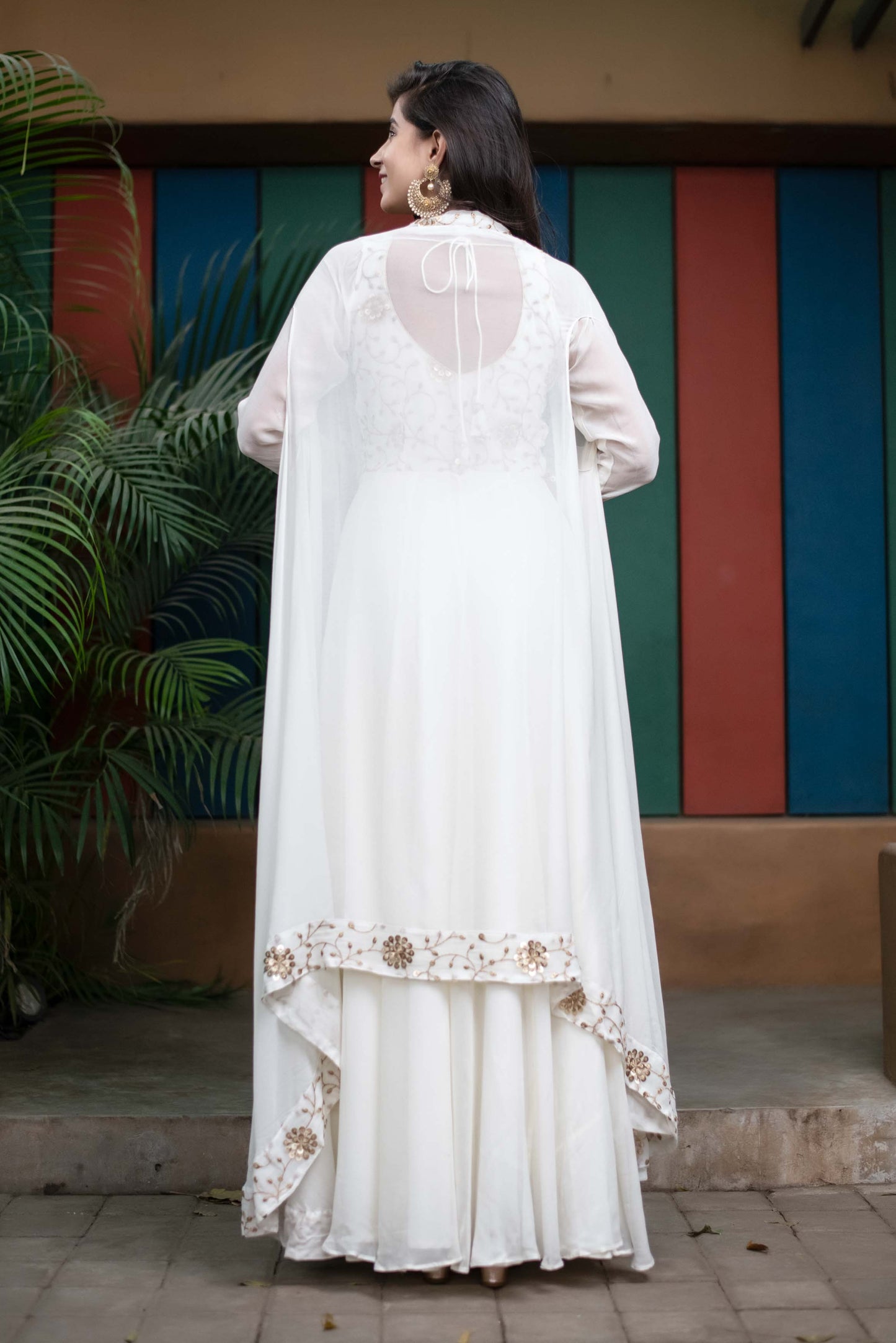 Women's Off White Jacket Gown With Sequin And Zari Work (2pcs Set)