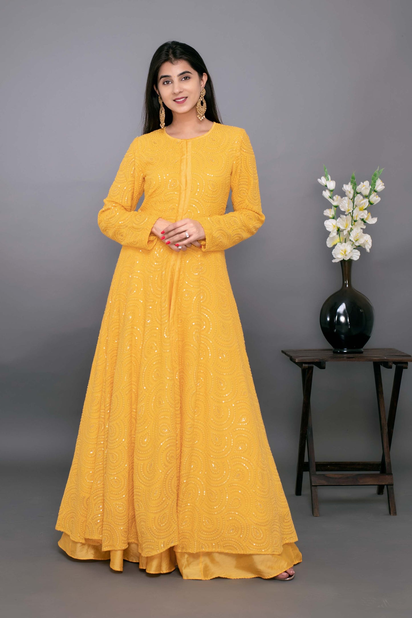 Women's Yellow Thread Work Anarkali With Chanderi Skirt (2pc Set)