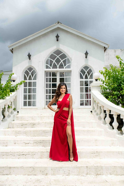 Women's Red Skirt Slit Saree