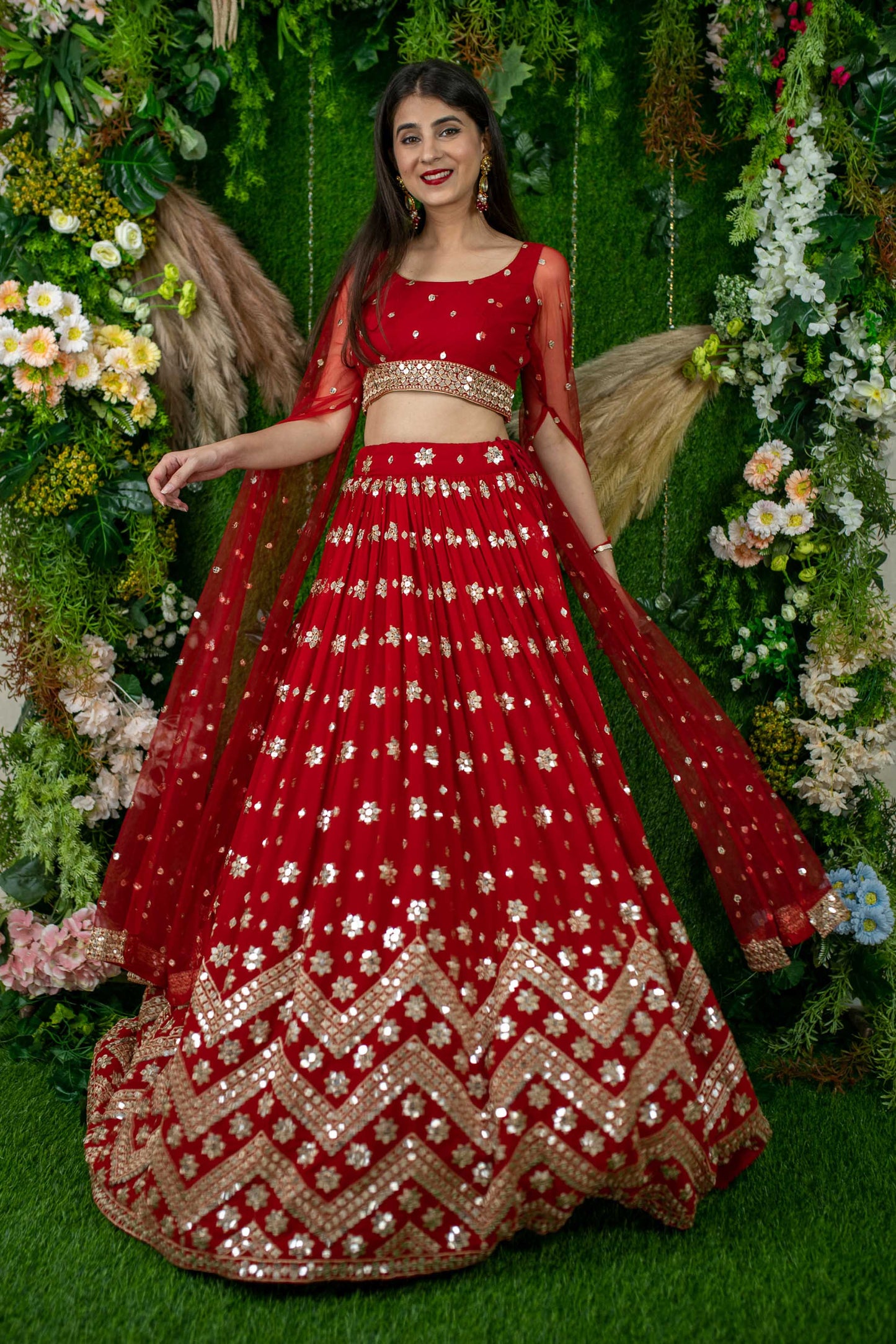 Women's Red And Gold Lehenga Cape Sleeves