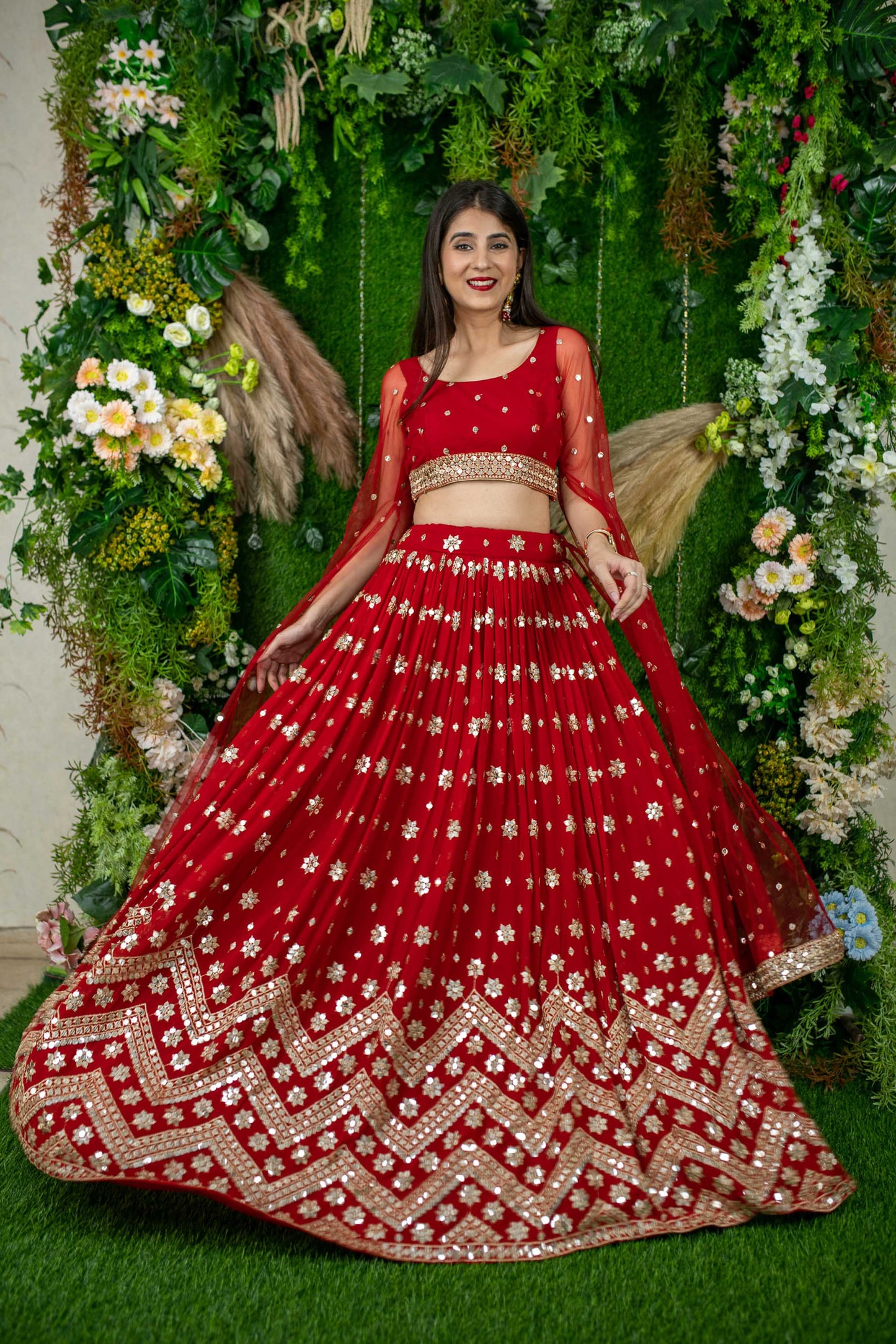 Women's Red And Gold Lehenga Cape Sleeves