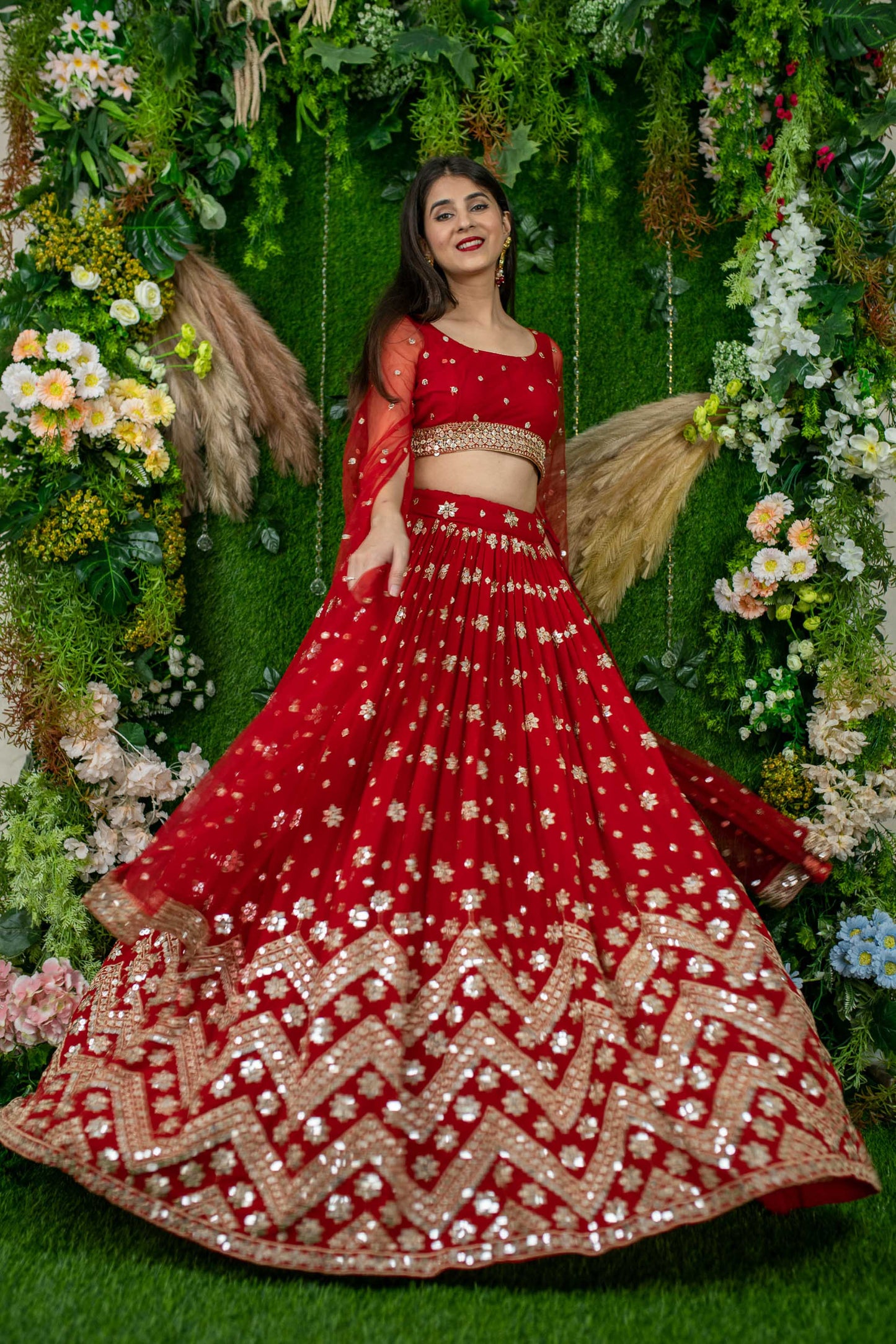 Women's Red And Gold Lehenga Cape Sleeves