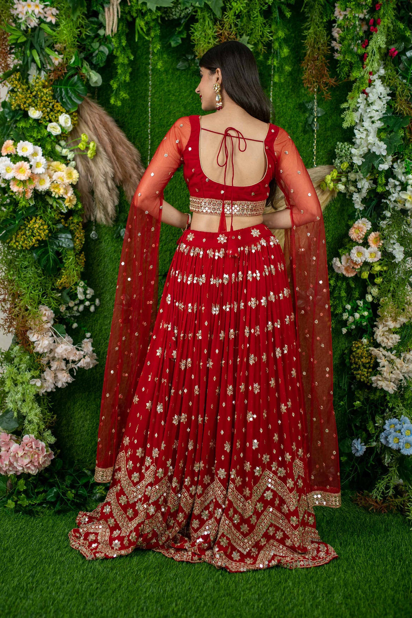 Women's Red And Gold Lehenga Cape Sleeves