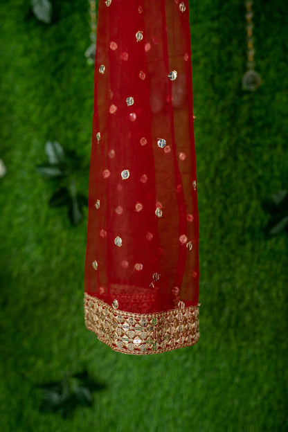 Women's Red And Gold Lehenga Cape Sleeves