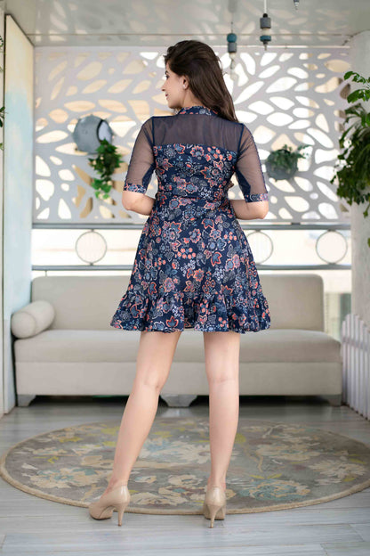 Women's Dark Blue Floral Ruffle Dress (1pc)