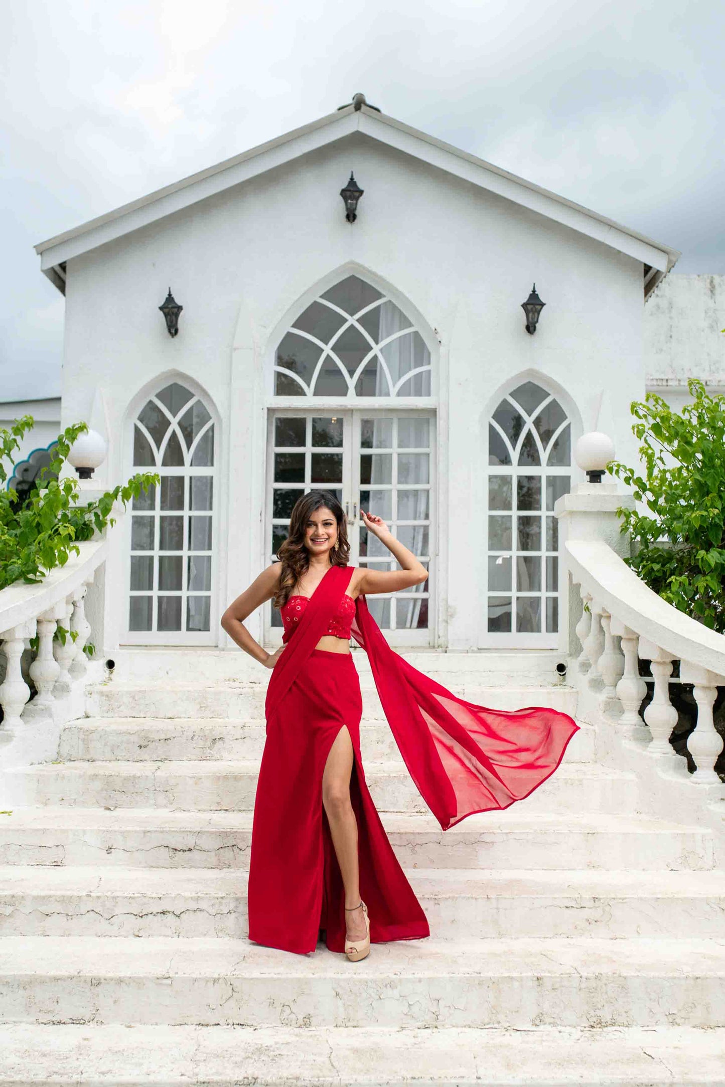 Women's Red Skirt Slit Saree