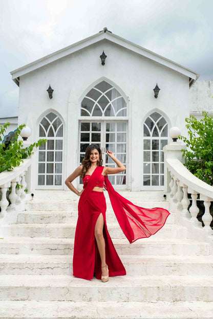 Women's Red Skirt Slit Saree