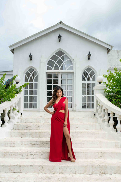 Women's Red Skirt Slit Saree