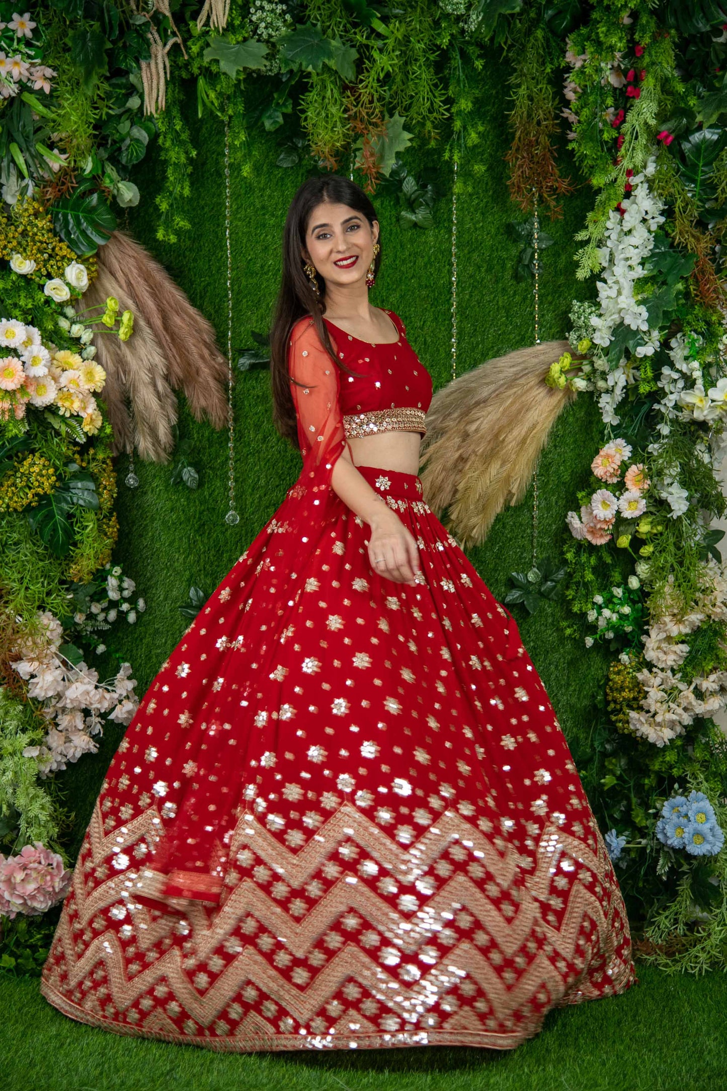 Women's Red And Gold Lehenga Cape Sleeves