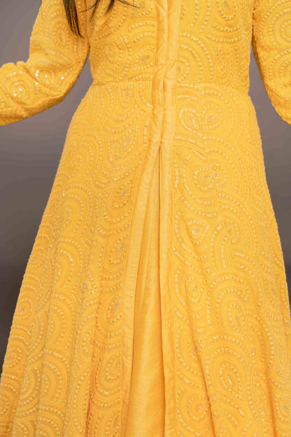 Women's Yellow Thread Work Anarkali With Chanderi Skirt (2pc Set)