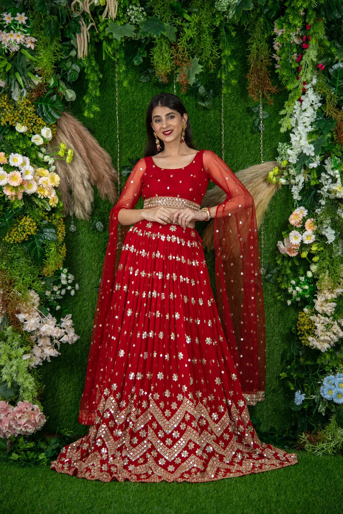 Women's Red And Gold Lehenga Cape Sleeves
