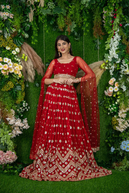 Women's Red And Gold Lehenga Cape Sleeves