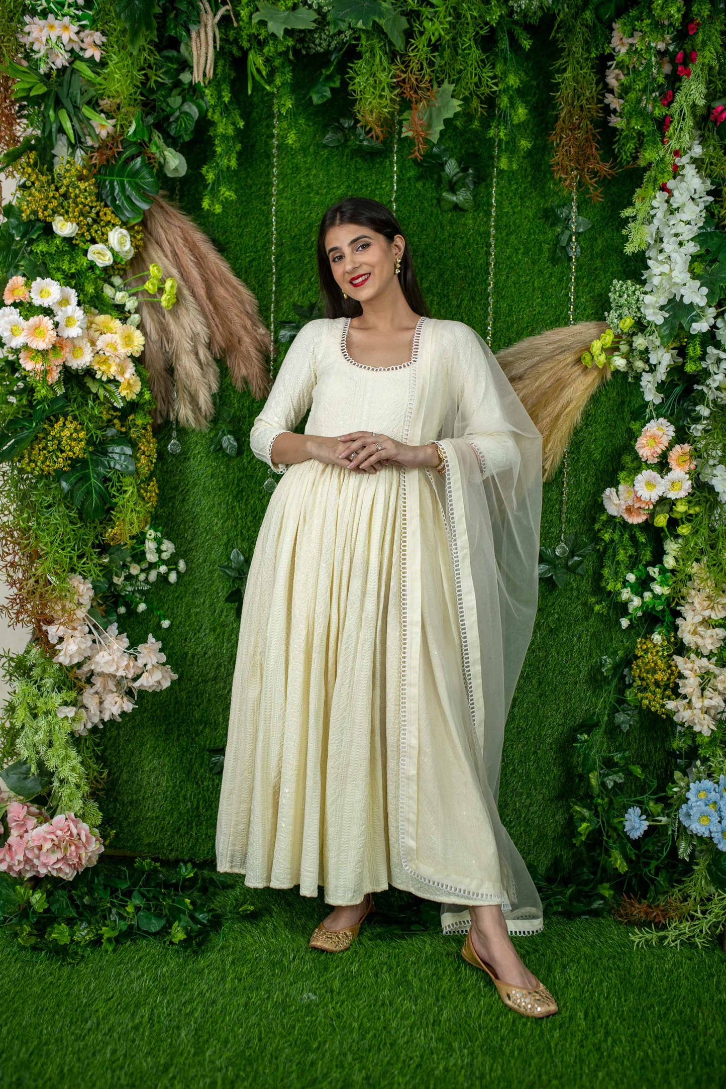 Women's Dolly White Thread Work Anarkali