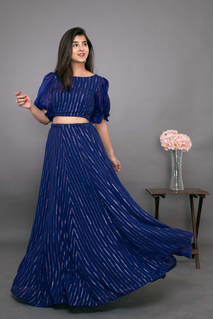 Women's Ink Blue Ruffle Crop Top With Skirt (2pc Set)
