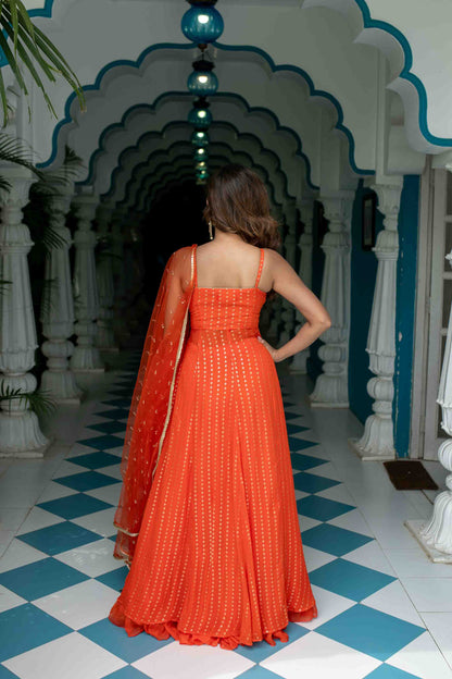 Women's Orange Long Slit Kurta With Skirt