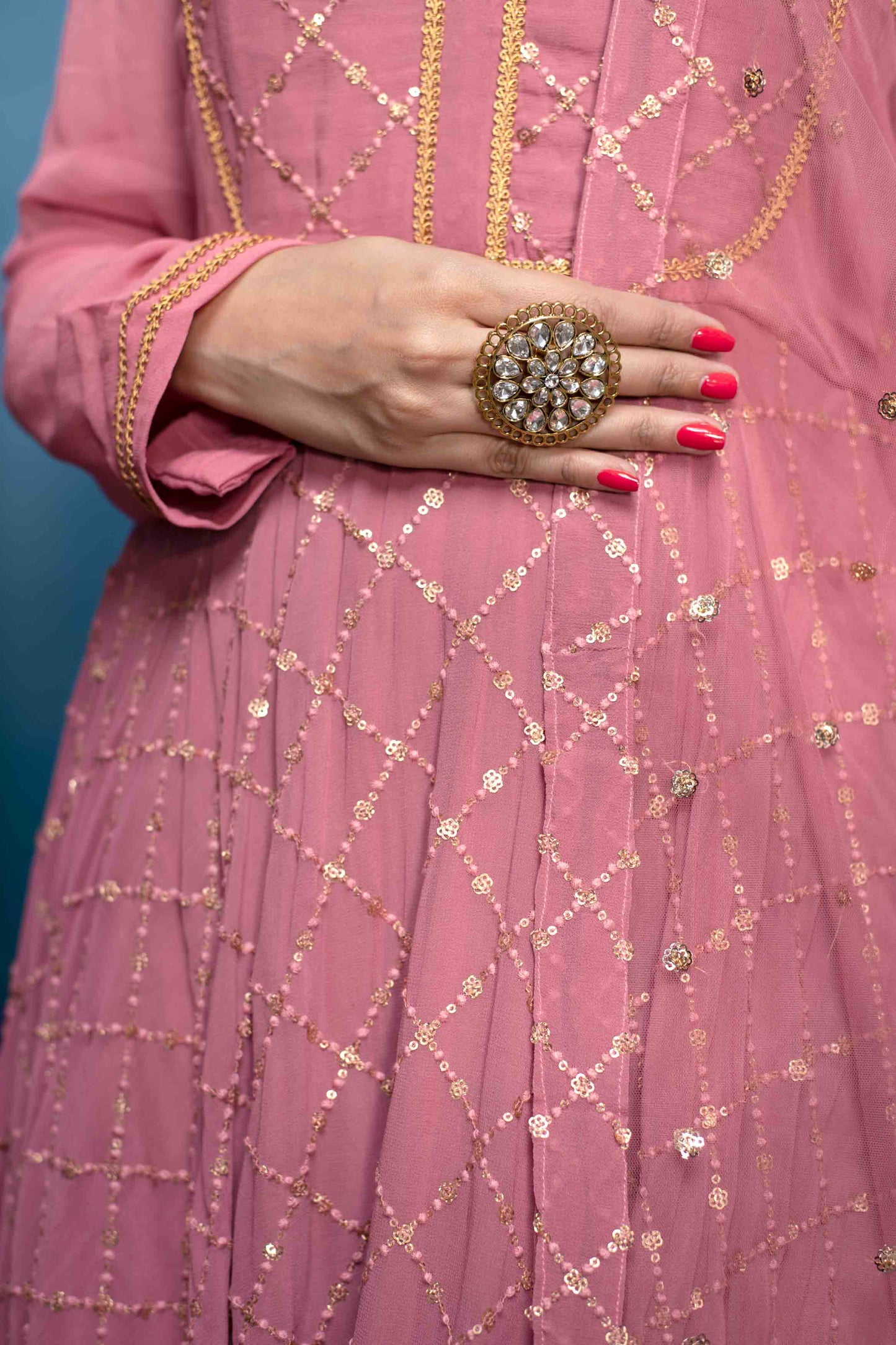 Women's Dusty Pink Thread And Sequin Work Anarkali Set (3pc Set)