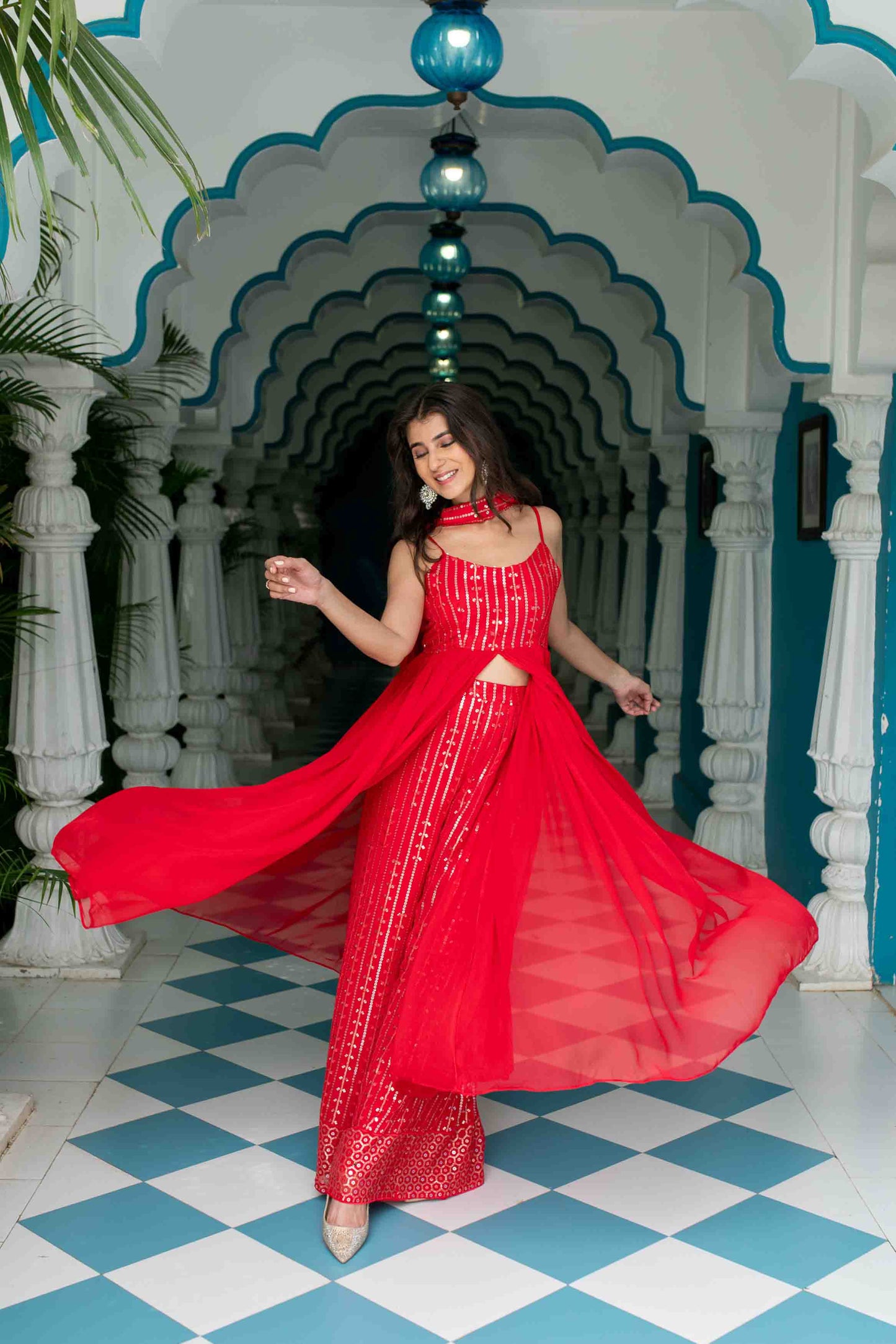 Women's Red Long slit top with palazzo