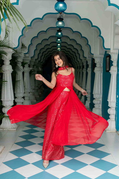 Women's Red Long slit top with palazzo