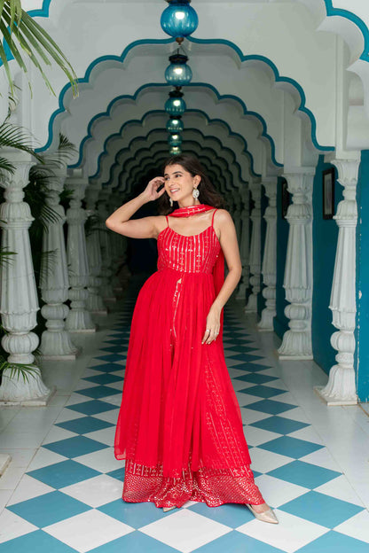 Women's Red Long slit top with palazzo