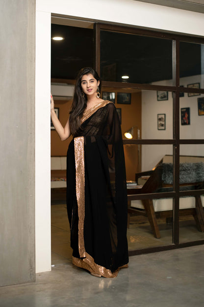 Women's Black Georgette Saree With Blouse by Label Sha