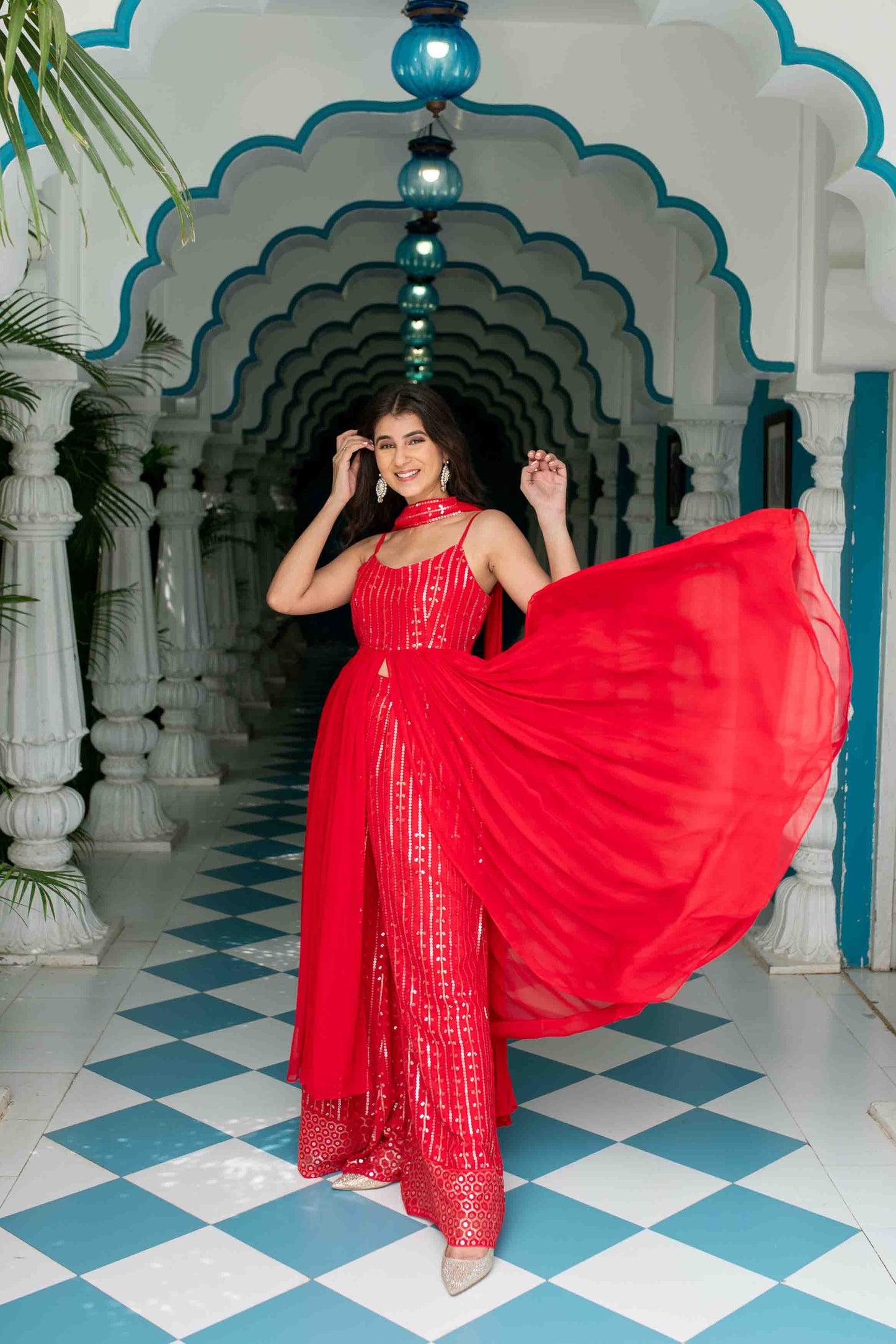 Women's Red Long slit top with palazzo