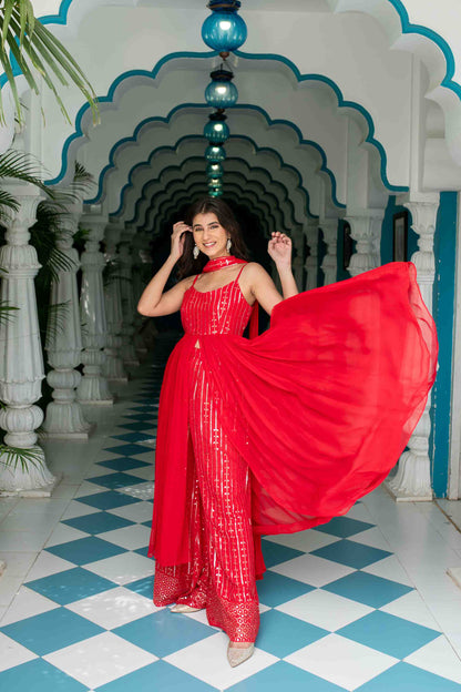 Women's Red Long slit top with palazzo